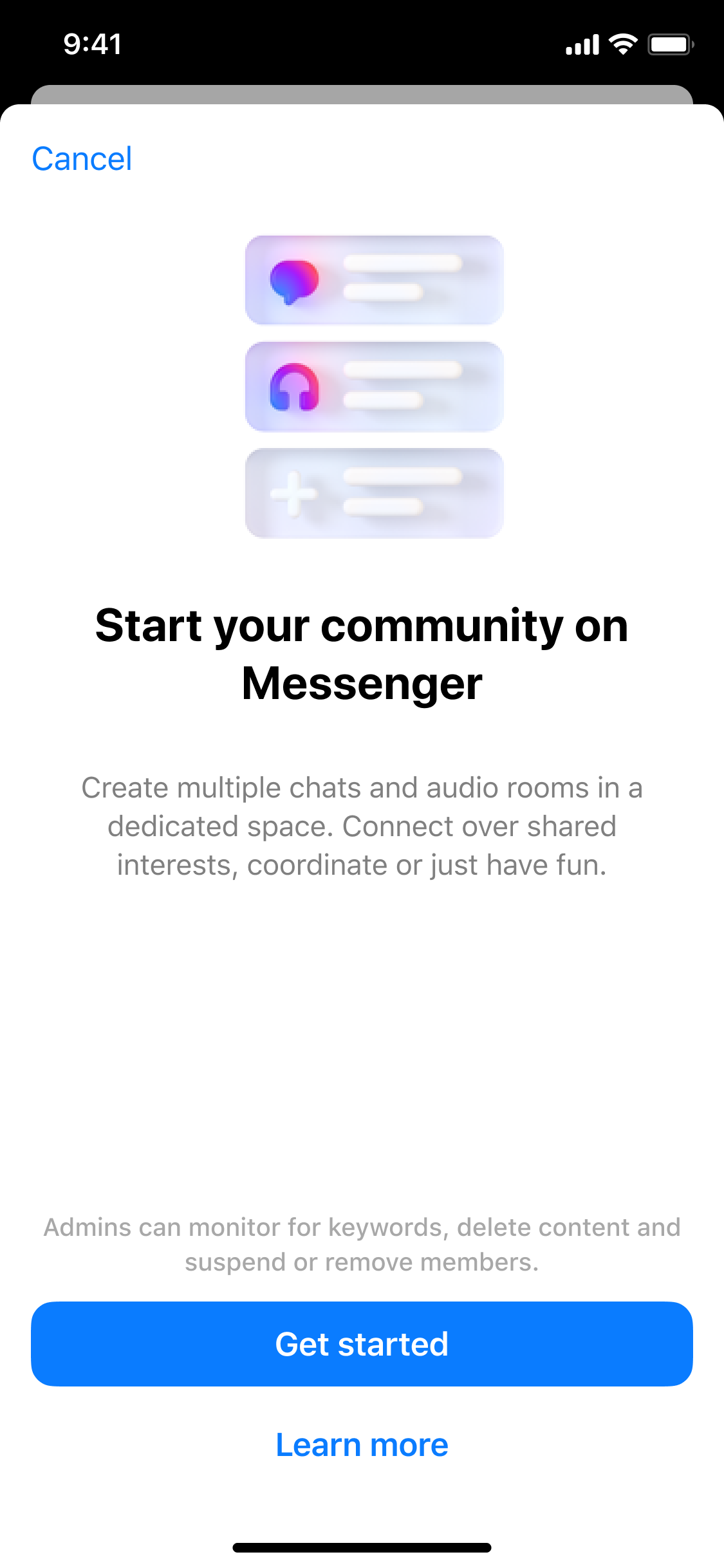 Start your community on Messenger onboarding screen