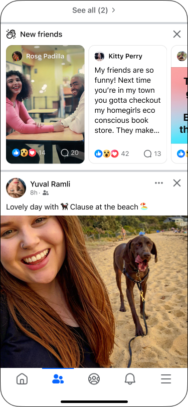New friends module surfacing recent posts from Rose Padilla, Kitty Perry, and Yuval Ramli