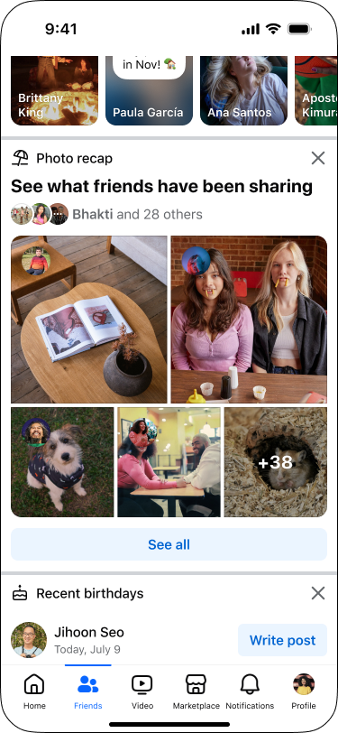 Photo recap module showing friends’ recent shared photos and recent birthdays