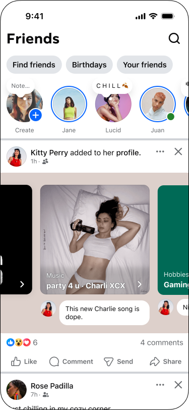 Friends tab feed showing stories, a friend’s profile update, and a post with comments