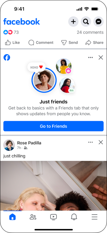 Just friends promotional card inviting users to go to the Friends tab