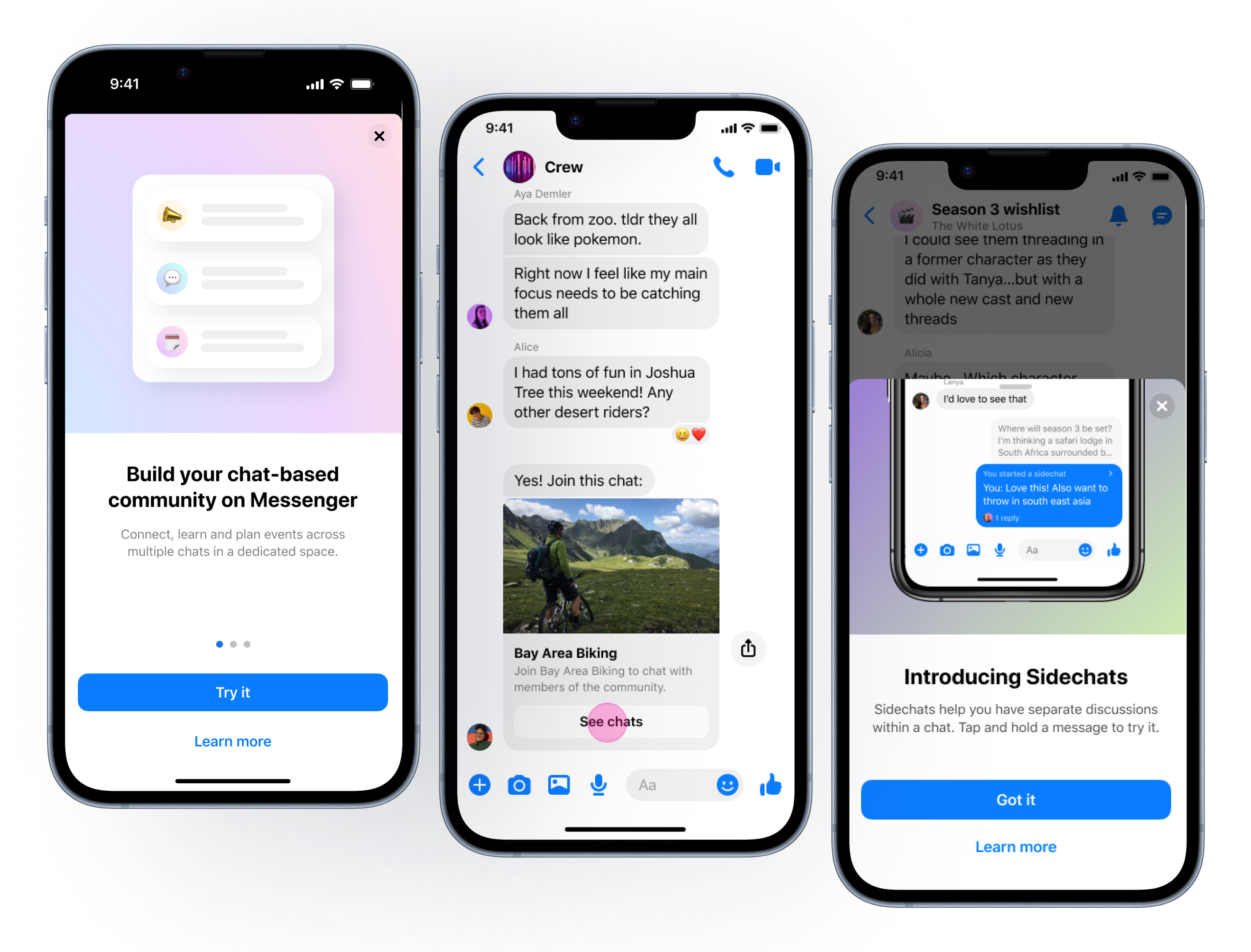 Messenger Communities — onboarding, community chat, and sidechats