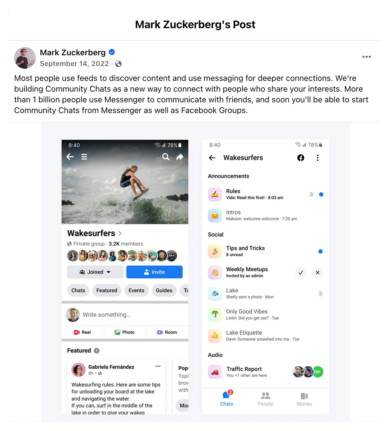 Mark Zuckerberg's Facebook post announcing Community Chats, showing the Wakesurfers group chat interface