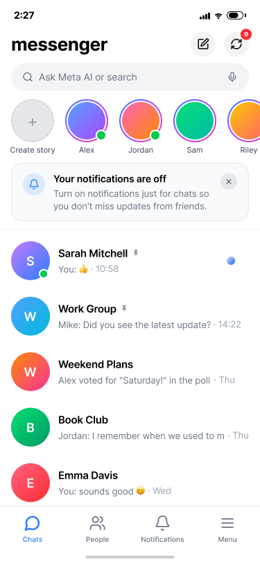 Messenger chat list with a notifications-off upsell banner encouraging users to turn on chat notifications
