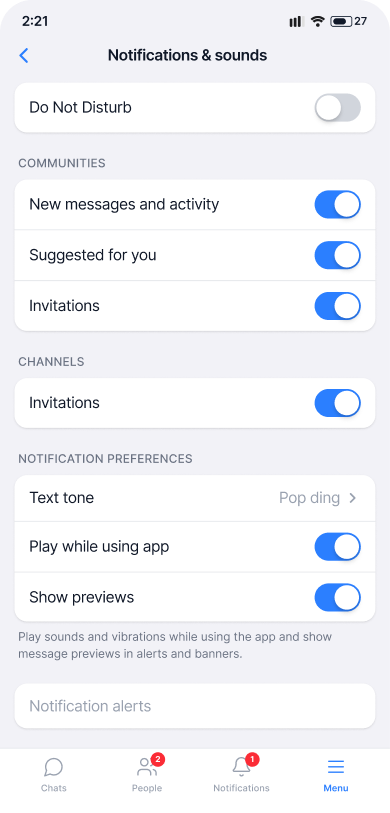 Notifications and sounds settings screen with granular toggles for Communities and channels