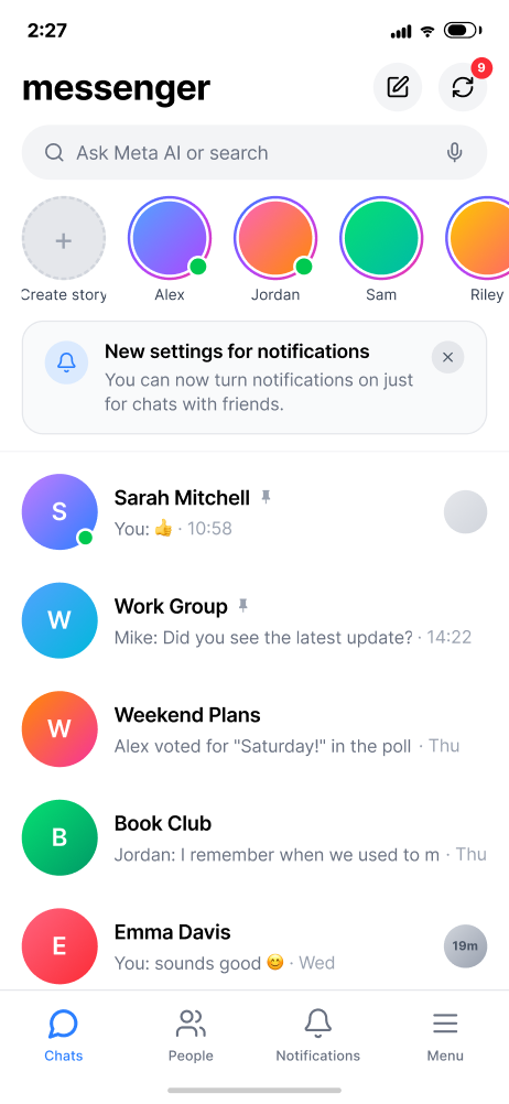 Messenger chat list with an upsell banner announcing new settings to turn notifications on just for chats with friends