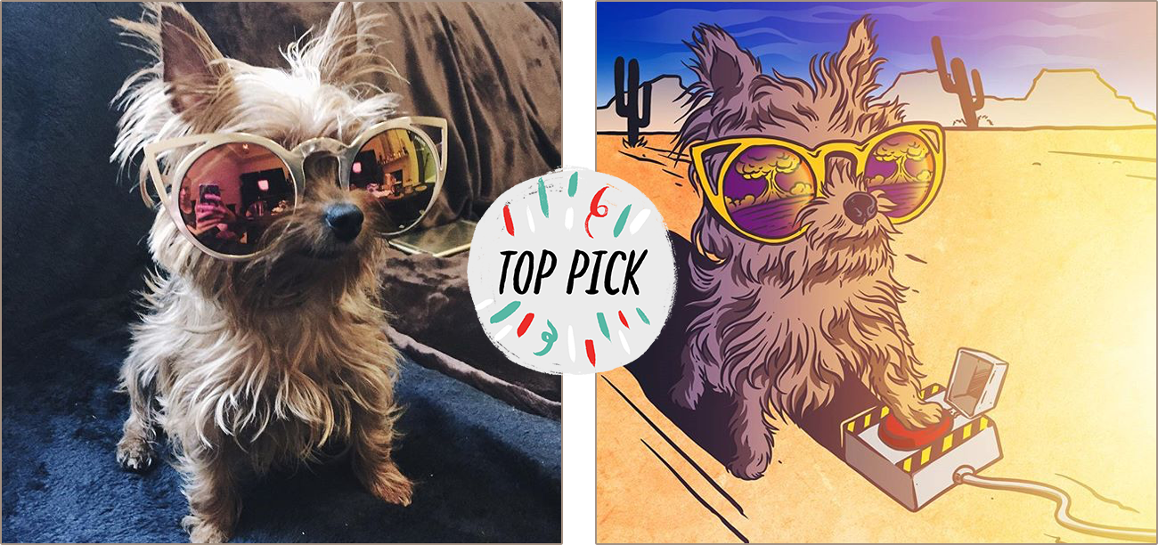 Before and after: a dog in sunglasses transformed into an illustrated desert scene, marked as the contest’s top pick