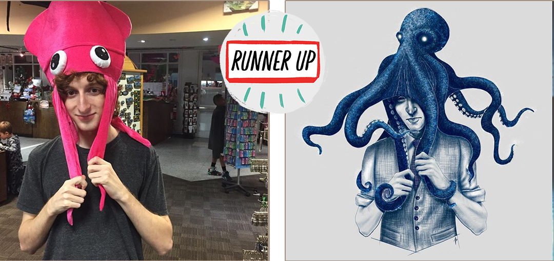 Before and after: a person in a squid costume transformed into an illustrated octopus character, marked as the contest’s runner up